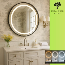 Lustro okrągłe w czarnej matowej ramie mdf z piaskowanym podświetleniem - LAURA LED - kolor ramy do wyboru